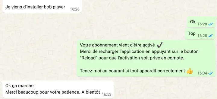 Conversation WhatsApp : le support recommande BOB Player pour une TV Samsung, le client l'installe, le support confirme l'activation de l'abonnement et le client répond « Ok ça marche. Merci beaucoup pour votre patience ».