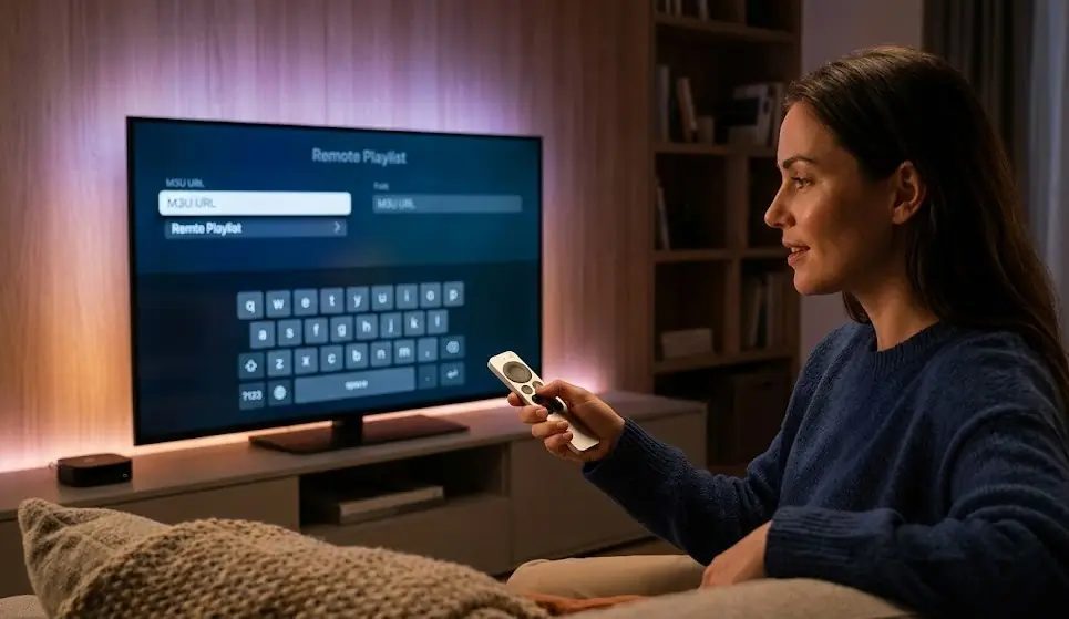 Une personne tenant une télécommande Siri Remote, pointant vers un écran de télévision affichant l'interface d'une application IPTV pour Apple TV.
