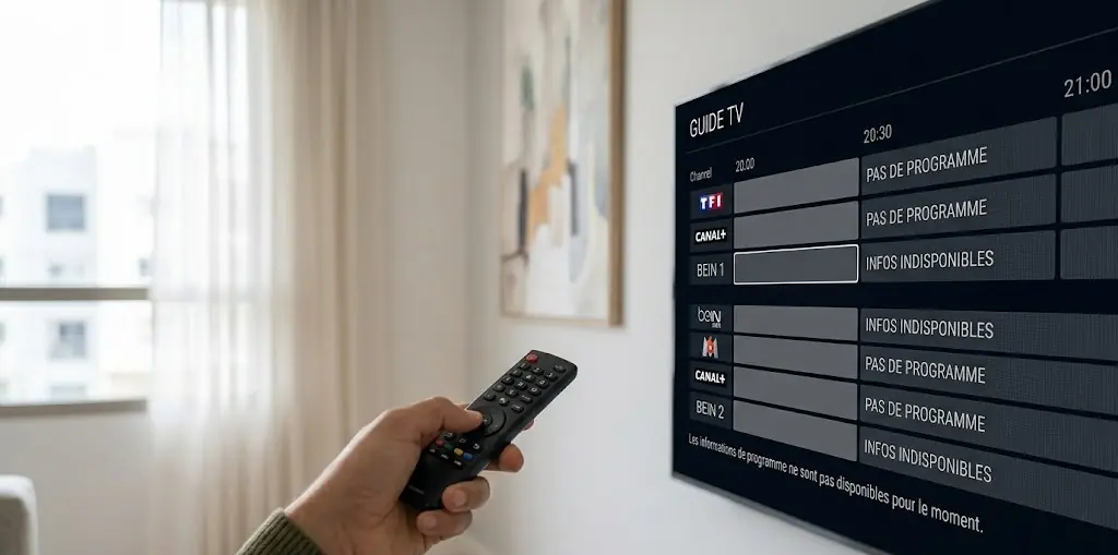 Interface de télévision montrant un guide TV IPTV (EPG) vide avec la mention Aucune Information sur fond sombre.