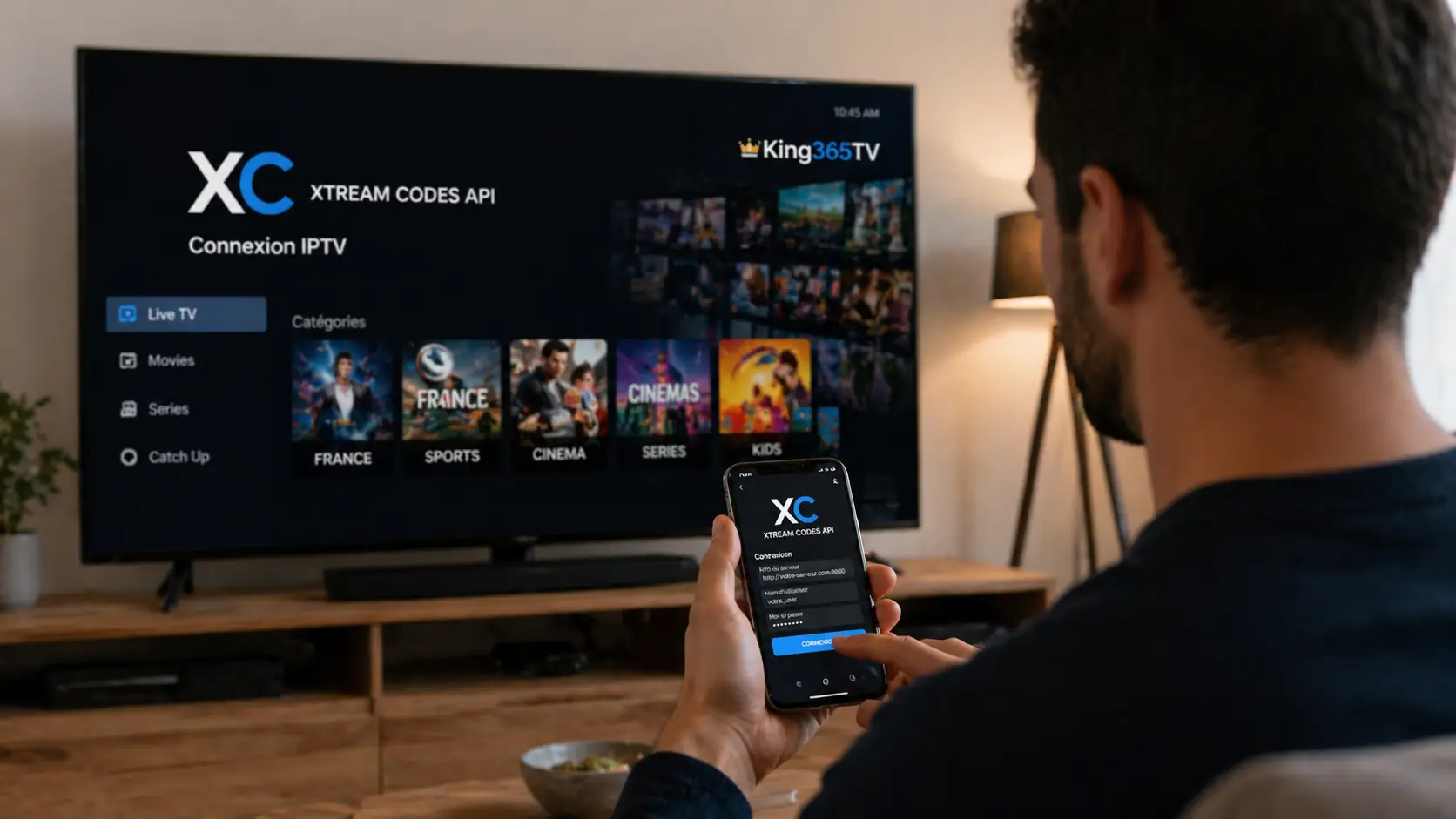 Une capture d'écran d'un écran de connexion IPTV sur une application affichant les champs 'Name', 'Username', 'Password' et 'Server URL'.