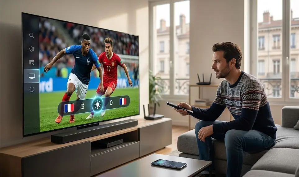 Une image macro d'un écran 4K montrant les détails de l'herbe et d'un ballon de foot, avec un logo King365TV 4K.