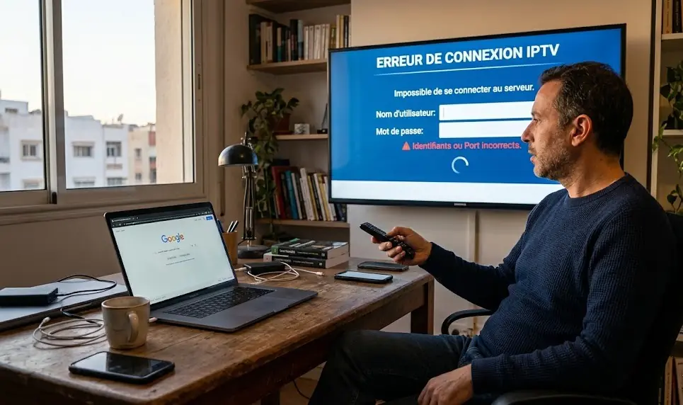 Gros plan sur un écran de télévision affichant un message d'erreur Invalid Login Details sur une application IPTV.