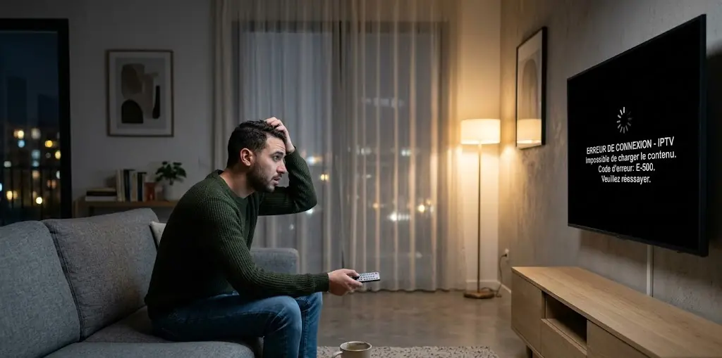 Télévision affichant un écran totalement noir avec le menu de l'application IPTV visible en surimpression.
