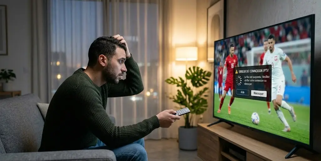 Image d'un match de football à la télévision qui se fige (freeze) avec un effet de distorsion visuelle.