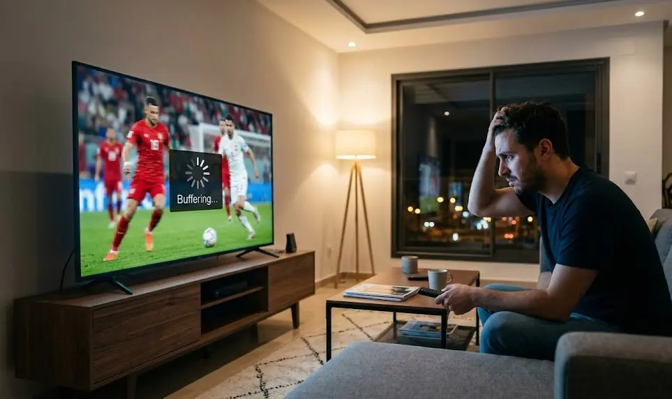 TV affichant une vidéo IPTV qui lag et saccade pendant un match de football important.