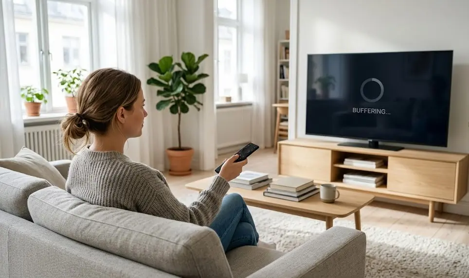 Écran de TV affichant une roue de chargement IPTV (buffering) sur fond noir.