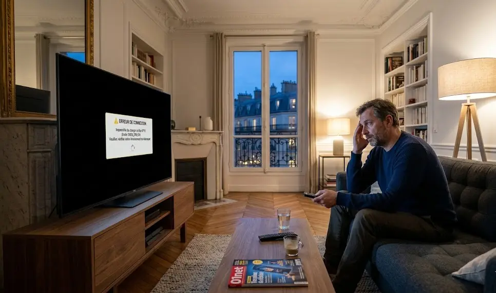 Utilisateur frustré devant une TV affichant une erreur IPTV avec écran noir dans un salon moderne.