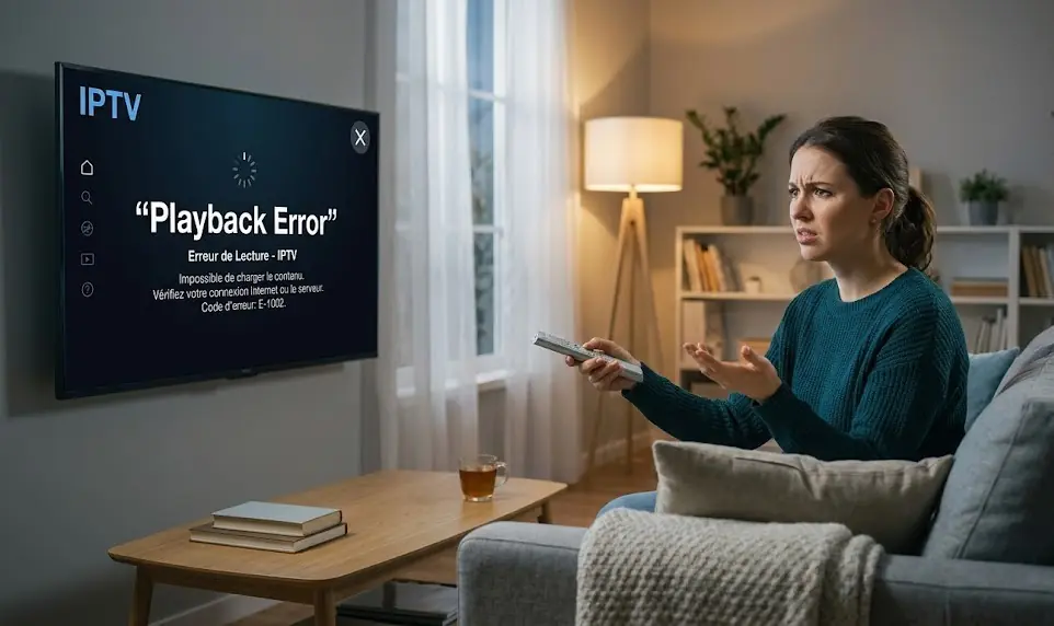 Télévision affichant le redouté message d'erreur Playback Failed sur un fond noir d'application IPTV.