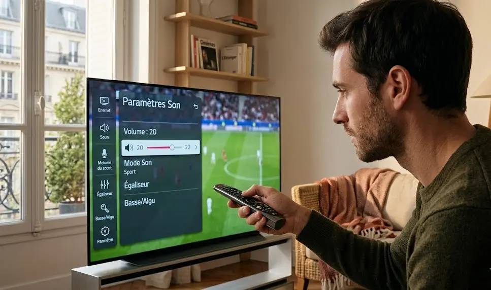 Utilisateur frustré ajustant le volume de la TV affichant une image IPTV parfaite mais sans aucun son.