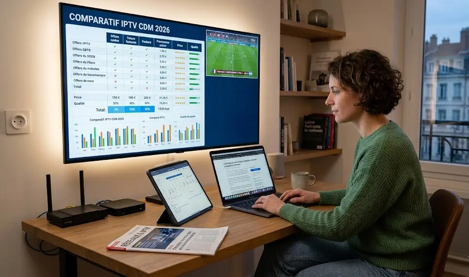 Un montage montrant différents plans d'abonnements IPTV avec des icônes de football, de qualité 4K et de support client.