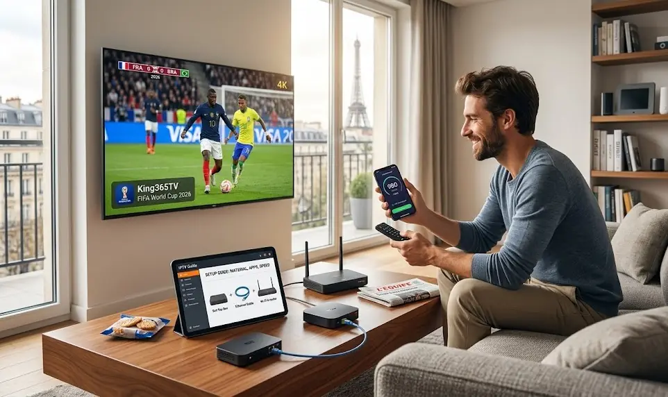 Une main tenant une tablette affichant le logo de la World Cup 2026, avec un arrière-plan d'une Smart TV et d'un ordinateur portable.